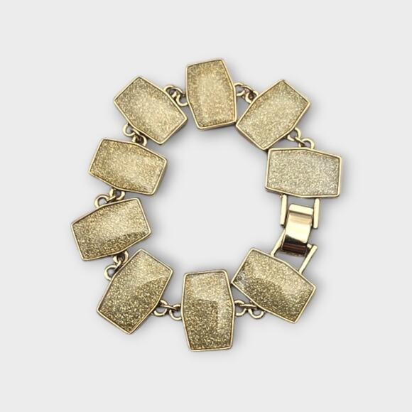 Textured Gold Sparkle Rectangle Link Vintage Bracelet - Picture 3 of 7